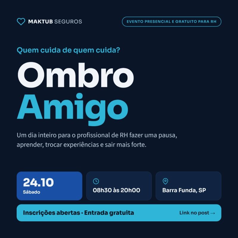 Arte do evento Ombro Amigo: fundo azul-marinho, título em branco e azul, data 24.10, horário e local