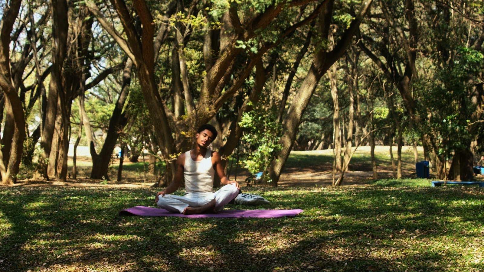 Cena do filme: protagonista meditando sentado sobre um tapete de yoga num parque arborizado